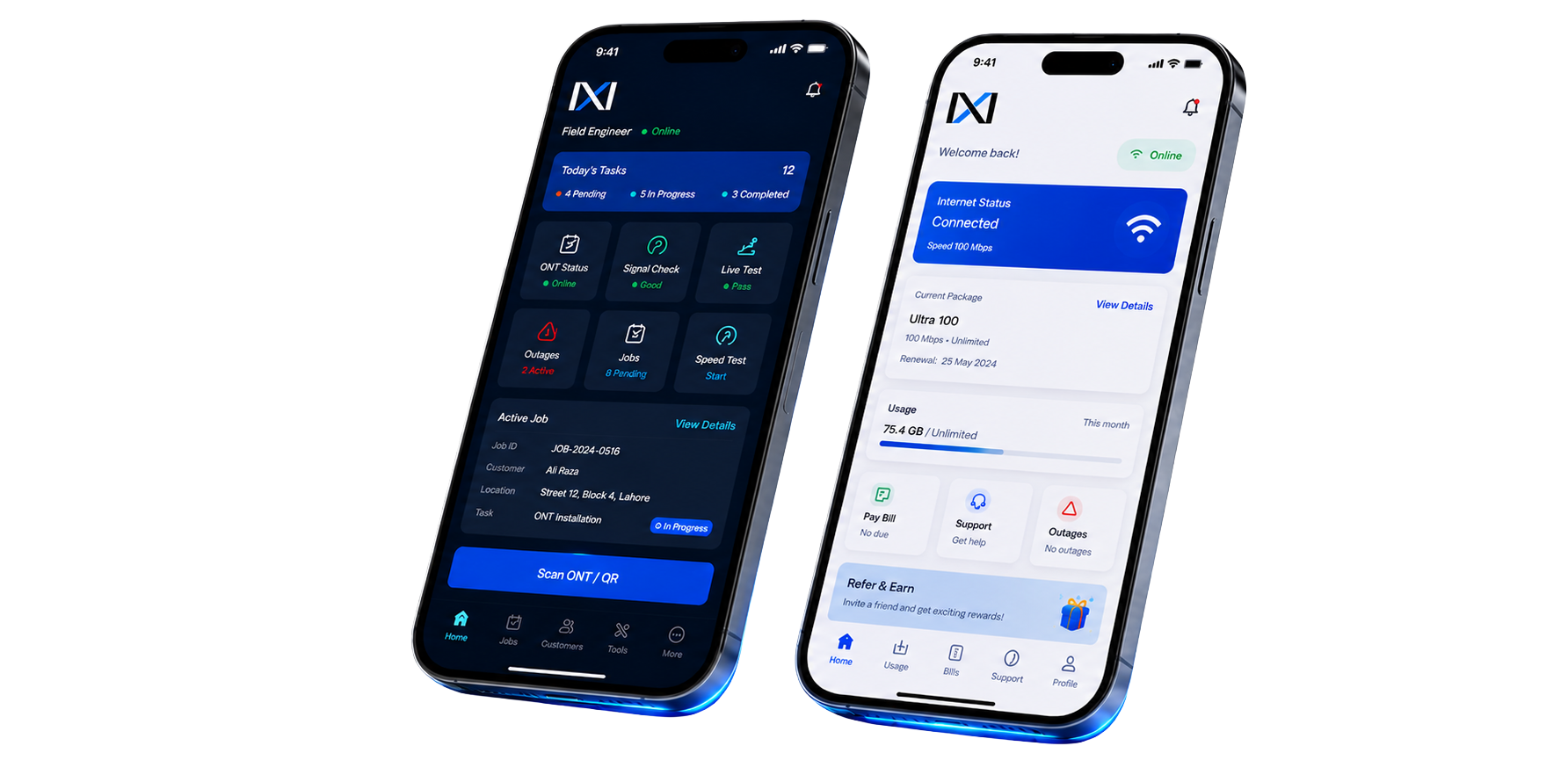 Netxol Field Engineer companion app — ISP technician running on-site OLT/ONT tests and closing work orders on Netxol NOS.