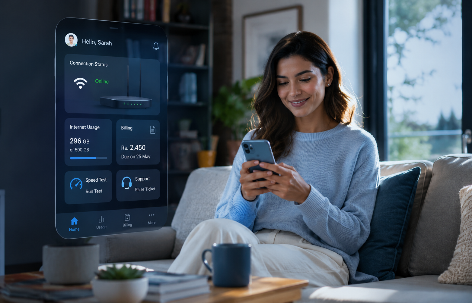 Subscriber App on a smartphone — dashboard with plan, bill and speed test