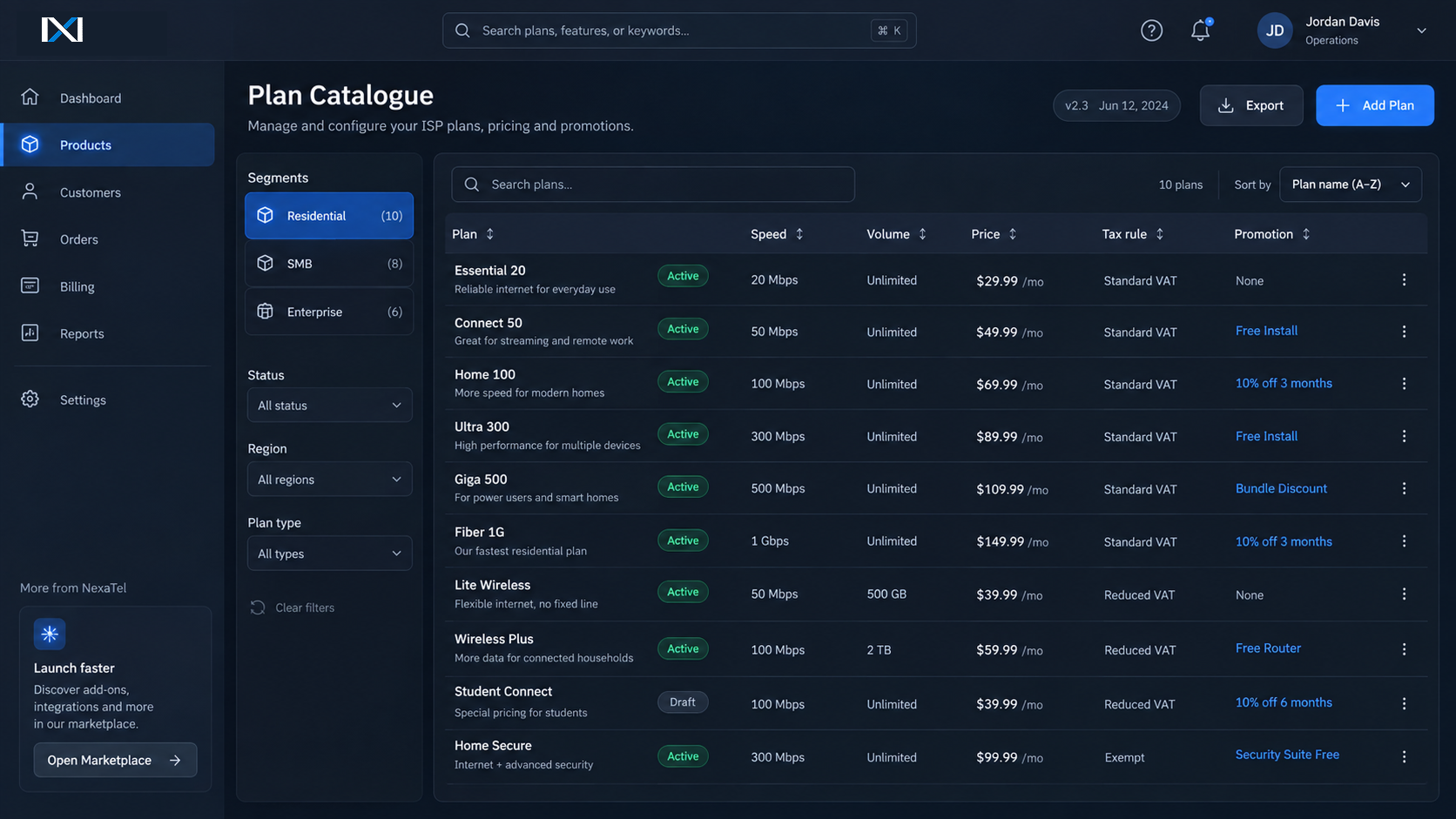 Billing plan catalogue
